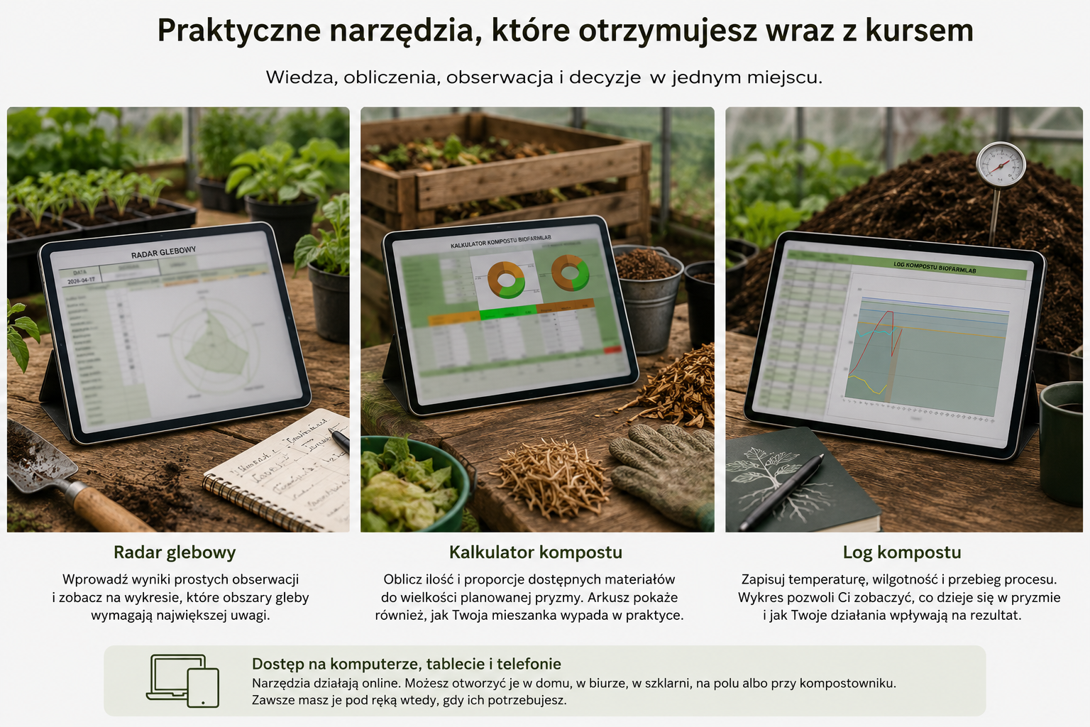Radar glebowy, kalkulator kompostu i log kompostu dostępne w kursie Żywa Gleba Krok po Kroku